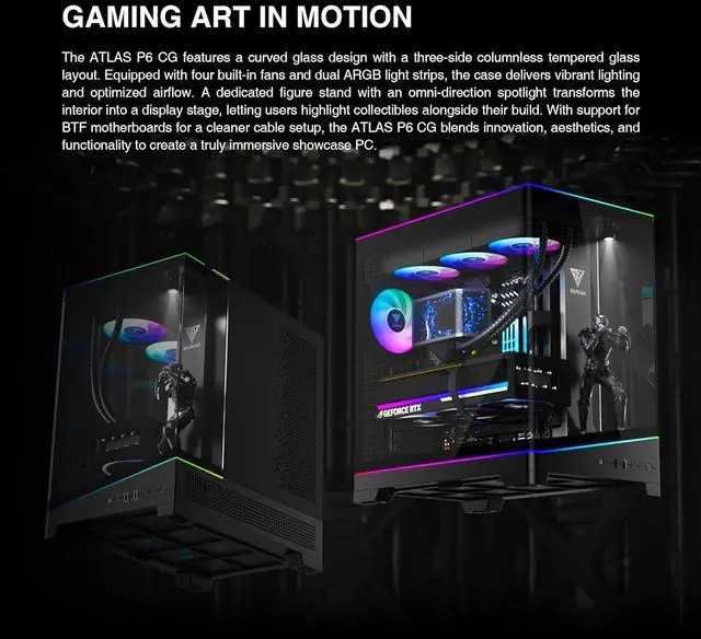 Alt view image 2 of 17 - GAMDIAS Atlas P6 CG Mid-Tower Gaming PC, Mini-ITX, Micro-ATX, and ATX, 4x120mm PWM ARGB Fans, Curved Tempered Glass Panoramic Design, Modular Tool Free, Type-C Ready, 425mm GPU Support