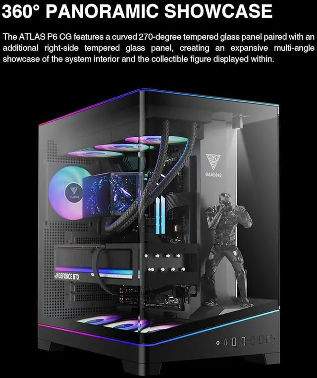 Alt view image 3 of 17 - GAMDIAS Atlas P6 CG Mid-Tower Gaming PC, Mini-ITX, Micro-ATX, and ATX, 4x120mm PWM ARGB Fans, Curved Tempered Glass Panoramic Design, Modular Tool Free, Type-C Ready, 425mm GPU Support