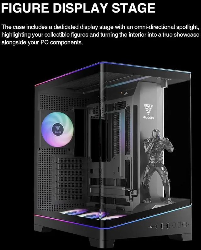 Alt view image 4 of 17 - GAMDIAS Atlas P6 CG Mid-Tower Gaming PC, Mini-ITX, Micro-ATX, and ATX, 4x120mm PWM ARGB Fans, Curved Tempered Glass Panoramic Design, Modular Tool Free, Type-C Ready, 425mm GPU Support