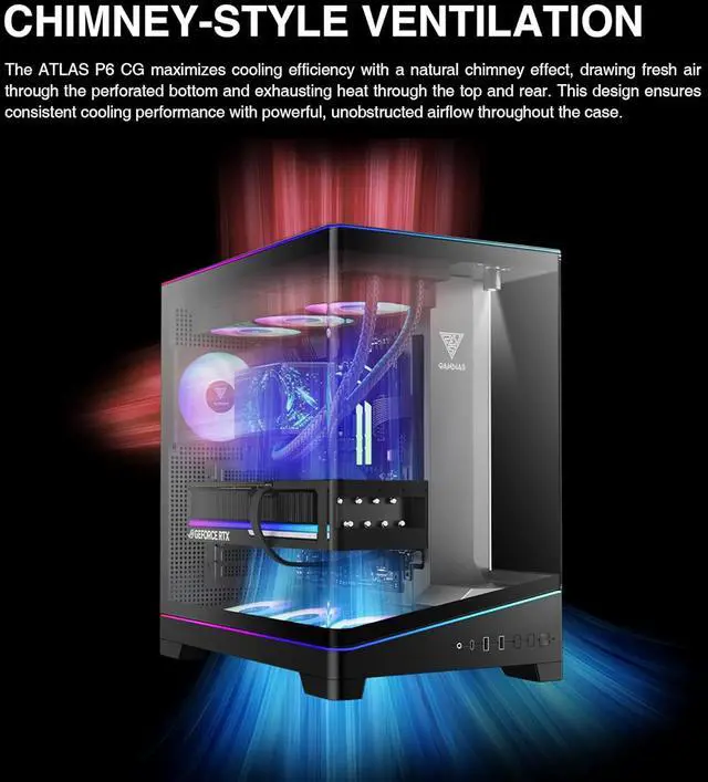 Alt view image 6 of 17 - GAMDIAS Atlas P6 CG Mid-Tower Gaming PC, Mini-ITX, Micro-ATX, and ATX, 4x120mm PWM ARGB Fans, Curved Tempered Glass Panoramic Design, Modular Tool Free, Type-C Ready, 425mm GPU Support