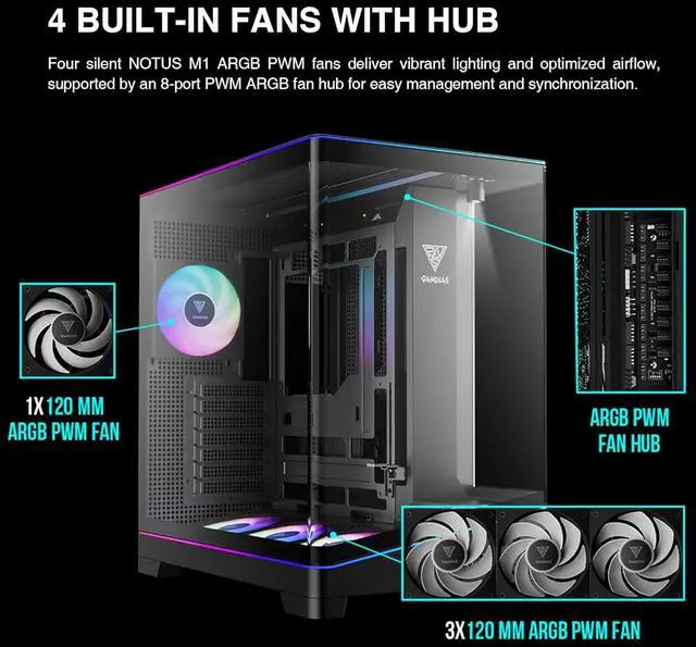Alt view image 7 of 17 - GAMDIAS Atlas P6 CG Mid-Tower Gaming PC, Mini-ITX, Micro-ATX, and ATX, 4x120mm PWM ARGB Fans, Curved Tempered Glass Panoramic Design, Modular Tool Free, Type-C Ready, 425mm GPU Support