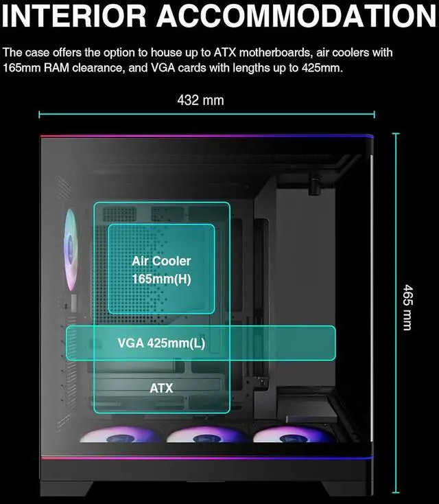 Alt view image 14 of 17 - GAMDIAS Atlas P6 CG Mid-Tower Gaming PC, Mini-ITX, Micro-ATX, and ATX, 4x120mm PWM ARGB Fans, Curved Tempered Glass Panoramic Design, Modular Tool Free, Type-C Ready, 425mm GPU Support