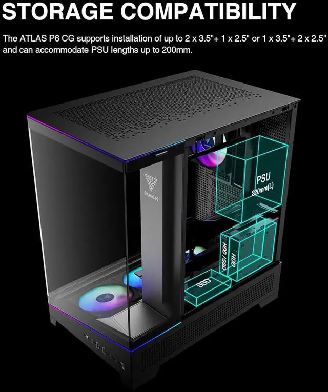Alt view image 15 of 17 - GAMDIAS Atlas P6 CG Mid-Tower Gaming PC, Mini-ITX, Micro-ATX, and ATX, 4x120mm PWM ARGB Fans, Curved Tempered Glass Panoramic Design, Modular Tool Free, Type-C Ready, 425mm GPU Support