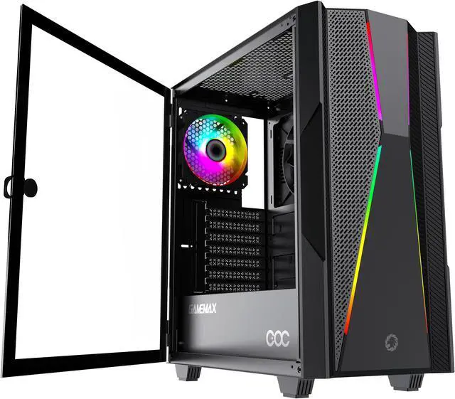 Alt view image 6 of 11 - Gamemax Typhoon COC Black USB3.0 Tempered Glass ATX Mid Tower Gaming Computer Case w/ RGB Strip x Front and 1 x ARGB LED Fan x Rear (Pre-Installed)