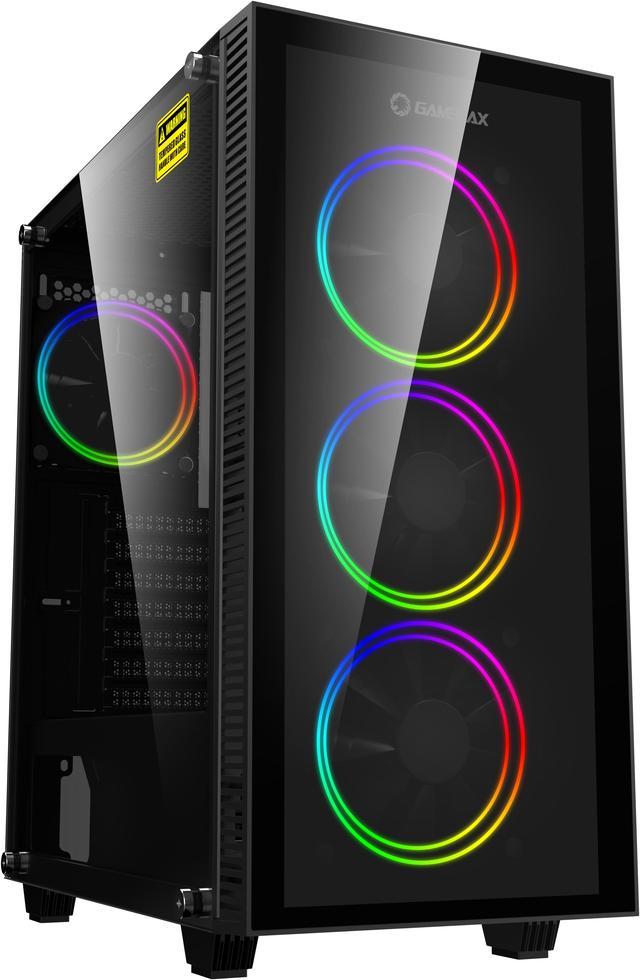 Gamemax Revolt Black USB3.0 Tempered Glass ATX Mid Tower Gaming Computer  Case w/Tempered Glass Panel and 4 x ARGB Dual Ring LED Fan (Pre-Installed)  