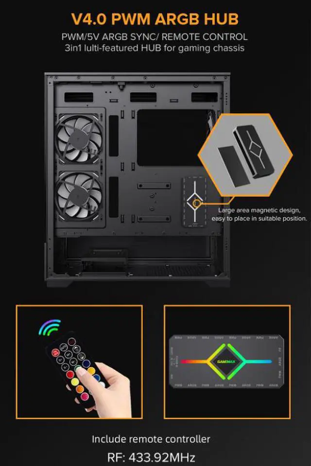 Alt view image 9 of 15 - GAMEMAX VISTA AB Black USB3.0/Type C Tempered Glass Mid-tower ATX Computer Case w/6  x 120mm ARGB PWM Fans (2 x MB side, 3 x PSU Top Cover, 1 x Rear) Pre-Installed, Support 4090 GPU and 360mm AIO