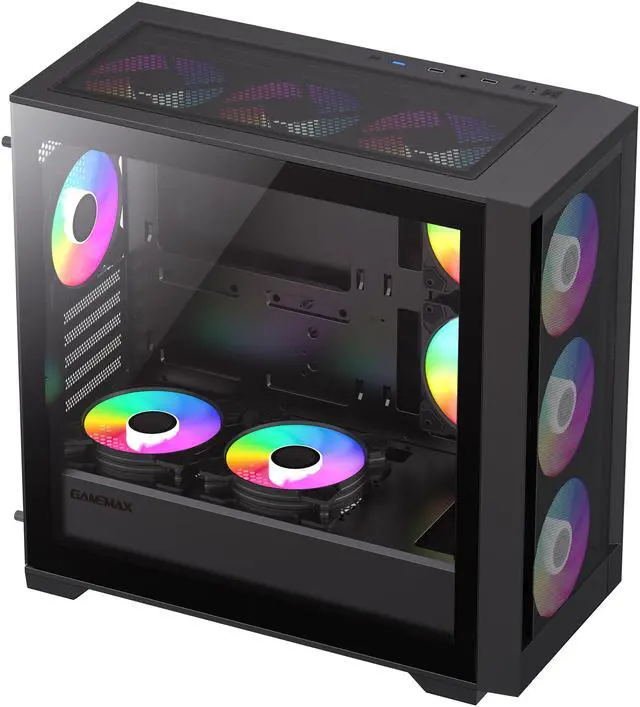 Alt view image 11 of 14 - GameMax Defender Mesh Black USB3.0 Micro-ATX Gaming PC Computer Case, Pre-installed 4x ARGB Fan, Support 4000 Series GPU and 360mm AIO