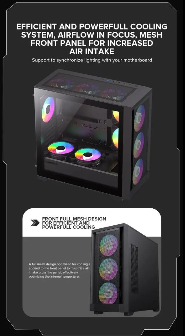 Alt view image 2 of 14 - GameMax Defender Mesh Black USB3.0 Micro-ATX Gaming PC Computer Case, Pre-installed 4x ARGB Fan, Support 4000 Series GPU and 360mm AIO