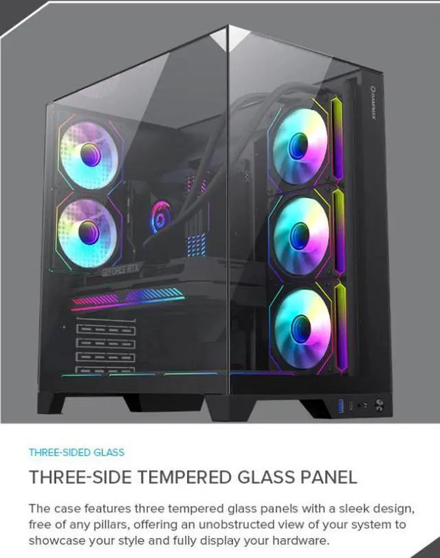 Alt view image 2 of 12 - GAMEMAX Infinity Plus Black USB3.0 / Type C ATX Mid-Tower Gaming Computer Case w/3 x Tempered Glass Side Panel (Fans Not Included). Support 4000 Series GPU and 360mm AIO