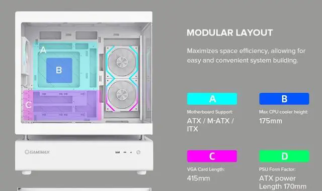 Alt view image 12 of 16 - GAMEMAX Infinity N80 WH White Curved Tempered Glass USB3.0/Type C ATX Mid Tower Case w/6 PWM ARGB Fans (Pre-Installed)