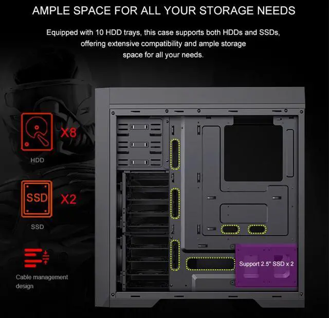 Alt view image 5 of 19 - GAMEMAX MASTER 2 Black Tempered Glass USB3.0 and Type C Full Tower ATX Computer Case w/3 x ARGB Fans (Pre-Installed), Support 4090TI GPU and 360mm AIO