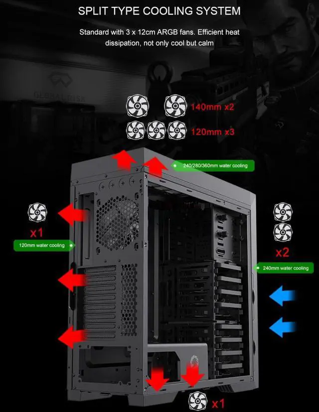 Alt view image 6 of 19 - GAMEMAX MASTER 2 Black Tempered Glass USB3.0 and Type C Full Tower ATX Computer Case w/3 x ARGB Fans (Pre-Installed), Support 4090TI GPU and 360mm AIO