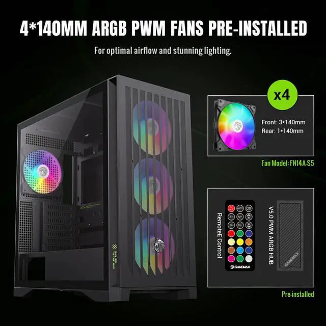 Alt view image 7 of 10 - GAMEMAX Mid Tower Gaming Case LEADER 2 BK Leader 2 BK Black case. Comprehensive Compatibility: Supports E-ATX motherboards, 425mm GPUs, 420mm radiators, 245mm PSUs, and 185mm air coolers.