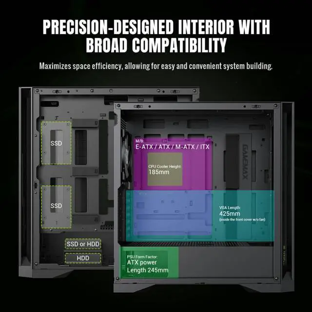 Alt view image 8 of 10 - GAMEMAX Mid Tower Gaming Case LEADER 2 BK Leader 2 BK Black case. Comprehensive Compatibility: Supports E-ATX motherboards, 425mm GPUs, 420mm radiators, 245mm PSUs, and 185mm air coolers.