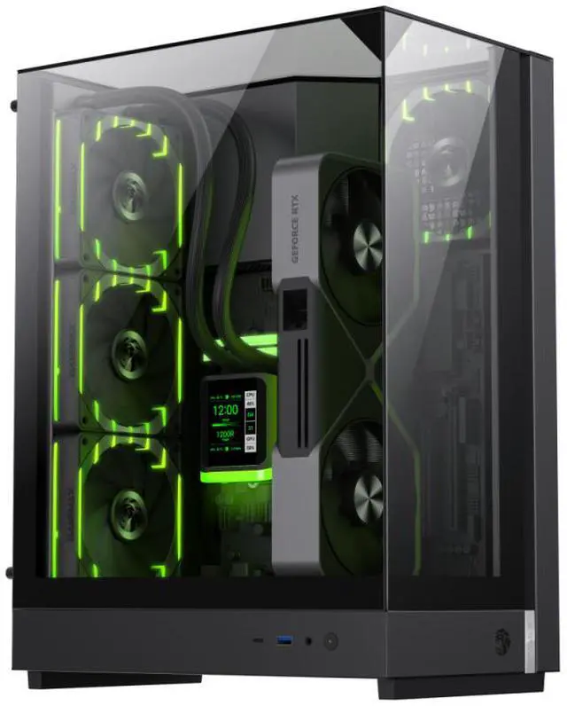 Main image of GAMEMAX T20 BK Black case. Three-sided tempered glass offers a full, unobstructed view of your hardware. 90° rotated motherboard layout enhances airflow using the natural Stack Effect.