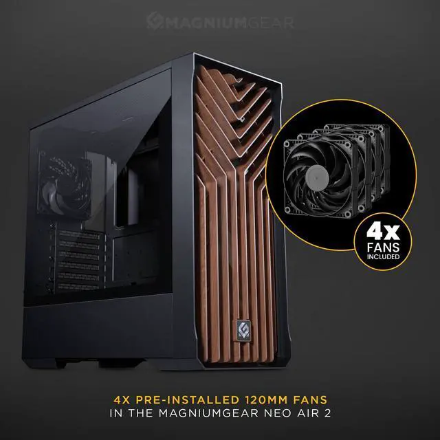 Alt view image 2 of 6 - MagniumGear Neo Air 2 ATX Mid-tower, High Airflow wood texture front panel design, 4x 120 Black fans, Tempered Glass, Black