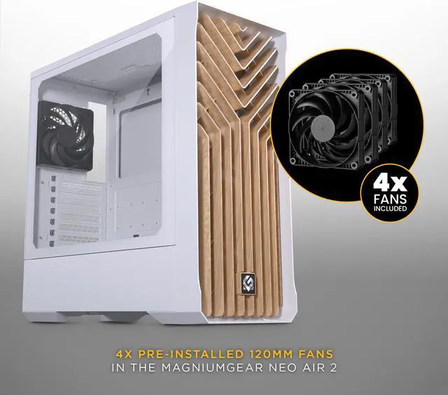 Alt view image 2 of 6 - MagniumGear Neo Air 2 ATX Mid-tower, High Airflow wood texture front panel design, 4x 120 Black fans, Tempered Glass, White