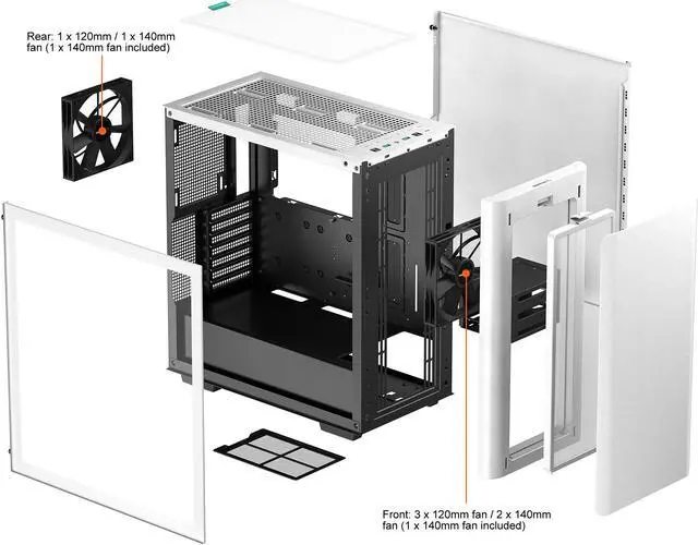 Alt view image 13 of 14 - DeepCool CK500 WH Mid-Tower ATX Case, Full-Size Tempered Glass Window, Two Pre-Installed 140mm Airflow Fans, E-ATX Motherboard Support, Front I/O USB Type-C, White