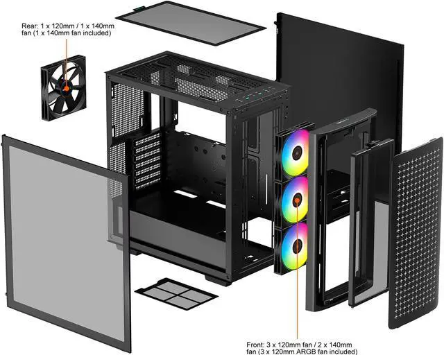 Alt view image 13 of 14 - DeepCool CK560 Mid-Tower ATX Case, Airflow Front Panel, Full-Size Tempered Glass Window, 3x 120mm ARGB Fans, 1x 140mm Fan, E-ATX Motherboard Support, Front I/O USB Type-C, Black