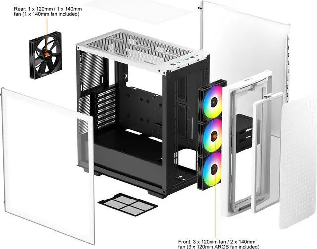 Alt view image 13 of 14 - DeepCool CK560 WH Mid-Tower ATX Case, Airflow Front Panel, Full-Size Tempered Glass Window, 3x 120mm ARGB Fans, 1x 140mm Fan, E-ATX Motherboard Support, Front I/O USB Type-C, White