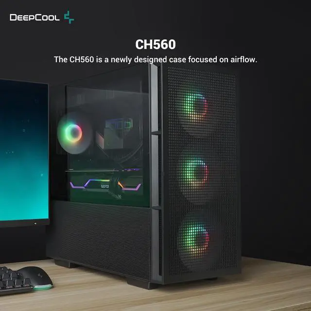Alt view image 2 of 6 - DeepCool CH560 ATX Airflow case, 3x Pre-Installed 140mm ARGB Fans, Hybrid Mesh/Tempered Glass Side Panel, Magnetic Top Mesh Filter, Type-C, USB 3.0, Black
