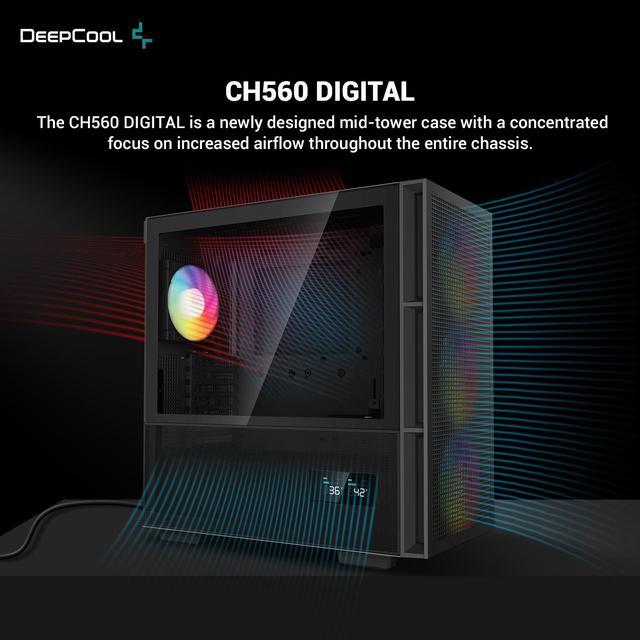 DeepCool CH560 DIGITAL ATX Airflow case, Dual Status Display, 3x  Pre-Installed 140mm ARGB Fans, Hybrid Mesh/Tempered Glass Side Panel,  Magnetic Top