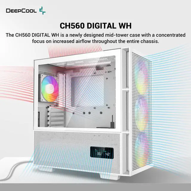 Alt view image 2 of 6 - DeepCool CH560 DIGITAL WH ATX Airflow case, Dual Status Display, 3x Pre-Installed 140mm ARGB Fans, Hybrid Mesh/Tempered Glass Side Panel, Magnetic Top Mesh Filter, Type-C, USB 3.0, White