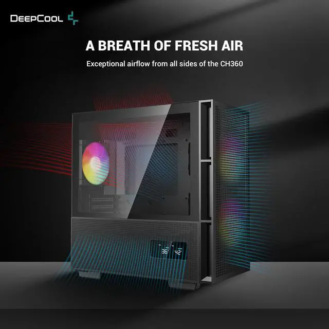 Alt view image 2 of 6 - DeepCool CH360 DIGITAL mATX Airflow case, Dual Status Display, 2x Pre-Installed 140mm ARGB Fans,120mm ARGB rear fan, Hybrid Mesh/Tempered Glass Side Panel, Magnetic Mesh Filter, Type-C, USB 3.0, Black