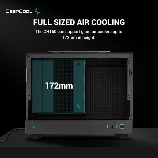 Alt view image 4 of 7 - DeepCool CH160 Mini-ITX PC Case, High Airflow Mesh Panels, Full-Sized Air Cooler Support, Direct Insert GPU Capable, Flexible Drive and PSU Compatibility, Black