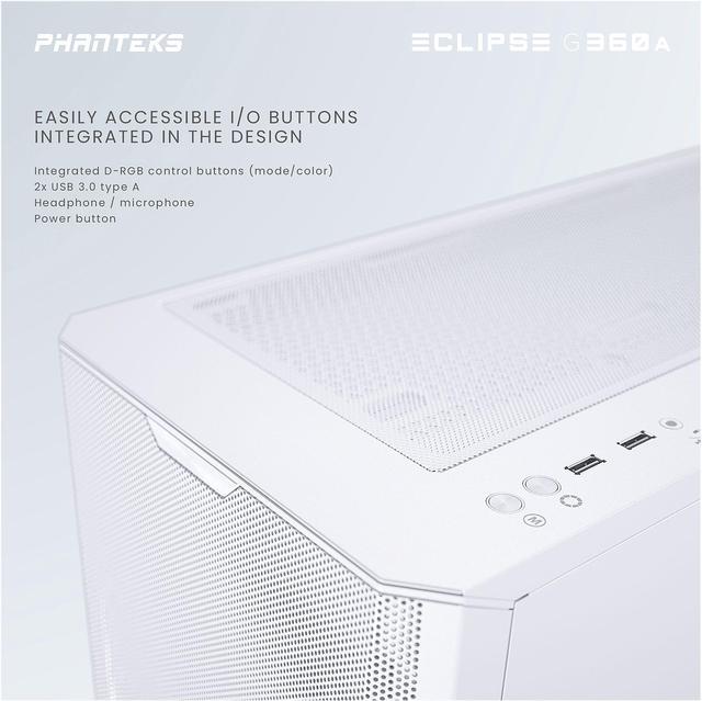 Alt view image 8 of 9 - Phanteks Eclipse G360A PH-EC360ATG_DMW02 Matte White Steel / Tempered Glass ATX Mid Tower Computer Case