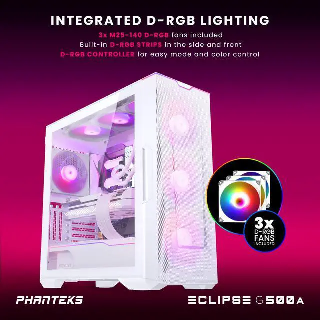 Alt view image 2 of 8 - Phanteks Eclipse G500A DRGB, High Performance Mid-Tower Case, Mesh Front Panel, Integrated D/A-RGB Lighting, Tempered Glass Window, 3x M25-140 D-RGB Fans, Matte White