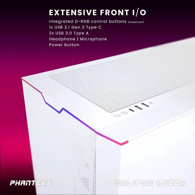 Alt view image 8 of 8 - Phanteks Eclipse G500A DRGB, High Performance Mid-Tower Case, Mesh Front Panel, Integrated D/A-RGB Lighting, Tempered Glass Window, 3x M25-140 D-RGB Fans, Matte White