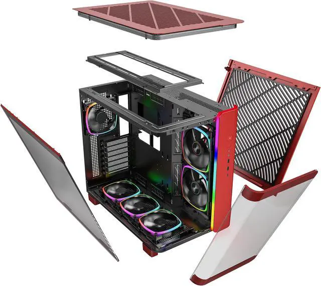 Alt view image 5 of 4 - MONTECH, KING 95 PRO Dual-Chamber ATX Mid-Tower PC Gaming Case, High-Airflow, Toolless Panels, Sturdy Curved Tempered Glass Front, Six ARGB PWM Fan Pre-installed with Fan Hub, Red
