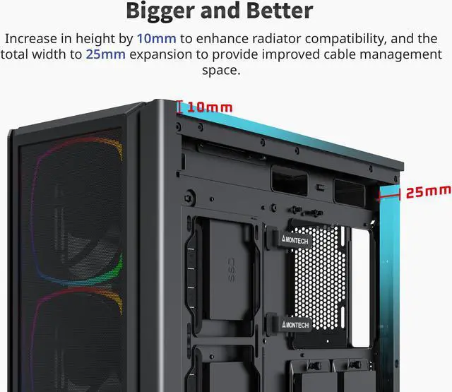 Alt view image 3 of 6 - Montech Sky Two GX, E-ATX Mid Tower Case, High Airflow Performance, 3X 140mm PWM ARGB Fans Pre-Installed, Tempered Glass Side Panel, Metal Mesh Front, Type C, Support 4090 GPUs - Black