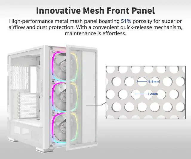 Alt view image 4 of 6 - Montech Sky Two GX, E-ATX Mid Tower Case, High Airflow Performance, 3X 140mm PWM ARGB Fans Pre-Installed, Tempered Glass Side Panel, Metal Mesh Front, Type C, Support 4090 GPUs - White