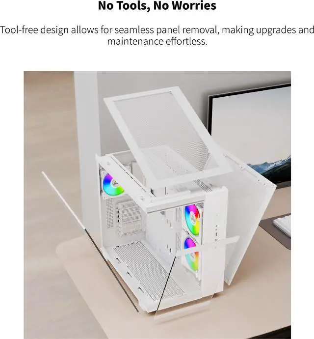 Alt view image 8 of 11 - MONTECH KING 65 PRO ATX Mid Tower Gaming PC Case, Dual Chamber, High Airflow Mesh Panels, Supports RTX 40 Series, 3 Pre-Installed ARGB Fans, Tool-Free Access - White