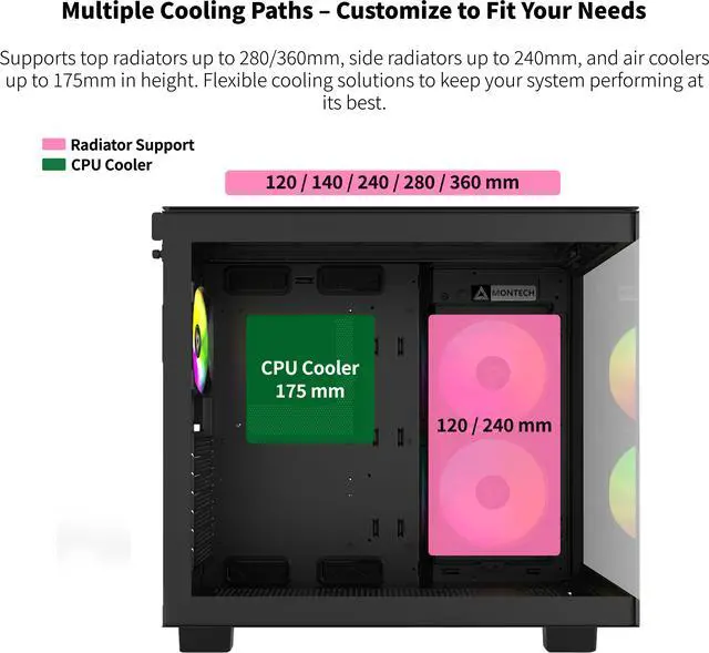 Alt view image 10 of 11 - MONTECH KING 65 PRO ATX Mid Tower Gaming PC Case, Dual Chamber, High Airflow Mesh Panels, Supports RTX 40 Series, 3 Pre-Installed ARGB Fans, Tool-Free Access, Tinted Glass - Black