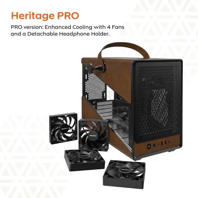 Alt view image 5 of 5 - Montech Heritage PRO Black Black Steel / Leather / Tempered Glass Micro ATX/Mini ITX (Backplane) Computer Case
