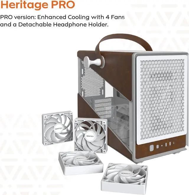 Alt view image 5 of 5 - Montech Heritage PRO White White Steel / Leather / Tempered Glass Micro ATX/Mini ITX (Backplane) Computer Case