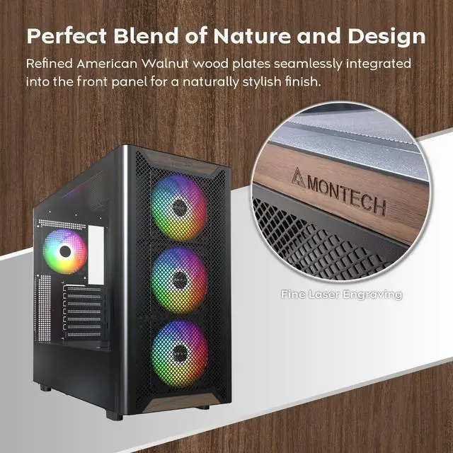 Alt view image 3 of 7 - MONTECH XR Wood,Genuine Black Walnut Front, ATX Mid-Tower PC Gaming Case, Glass Side Panel, 4 x 120mm GF120 ARGB PWM Fans Pre-Installed , Black