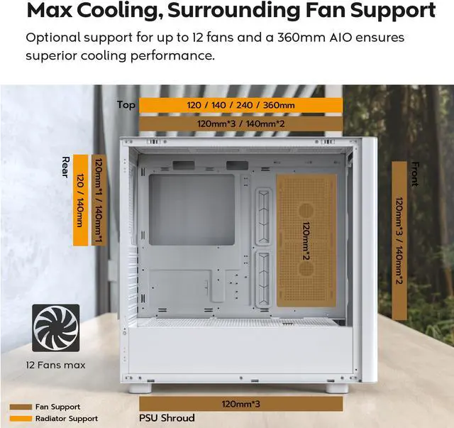 Alt view image 4 of 7 - MONTECH XR Wood,Genuine Black Walnut Front, ATX Mid-Tower PC Gaming Case, Glass Side Panel, 4 x 120mm GF120 ARGB PWM Fans Pre-Installed , White