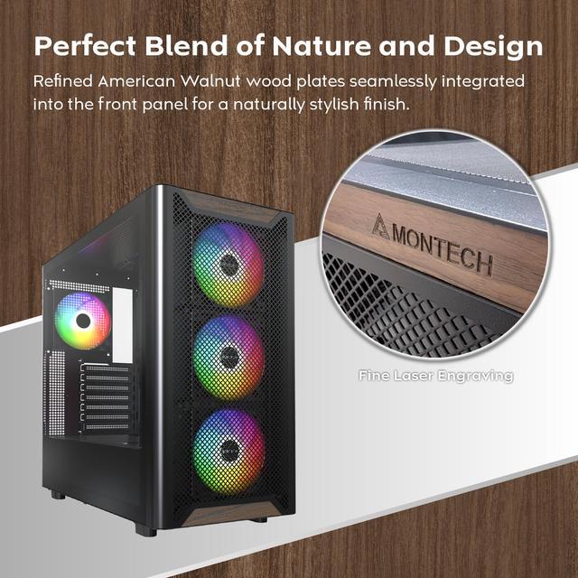 Alt view image 3 of 7 - MONTECH XR Wood,Genuine Black Walnut Front, ATX Mid-Tower PC Gaming Case, Glass Side Panel, 4 x 120mm GF120 ARGB PWM Fans Pre-Installed , White