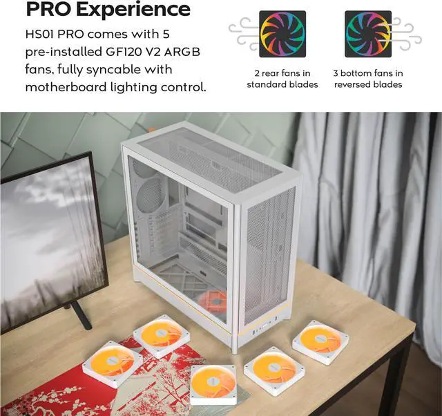 Alt view image 5 of 16 - MONTECH HS01 PRO, ATX Mid-Tower PC Case, Gaming PC, High-Airflow, Reversible Layout, Mesh Front Panel, 5x ARGB PWM Fan Pre-Installed, Sink-in Design, Toolless Panels, White