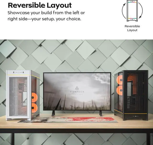 Alt view image 7 of 16 - MONTECH HS01 PRO, ATX Mid-Tower PC Case, Gaming PC, High-Airflow, Reversible Layout, Mesh Front Panel, 5x ARGB PWM Fan Pre-Installed, Sink-in Design, Toolless Panels, White