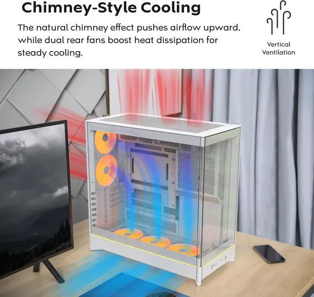 Alt view image 9 of 16 - MONTECH HS02, ATX Mid-Tower PC Case, Gaming PC, High-Airflow, Reversible Layout, Sturdy Curved Tempered Glass Front Panel, Sink-in Design, Toolless Panels, Black, US