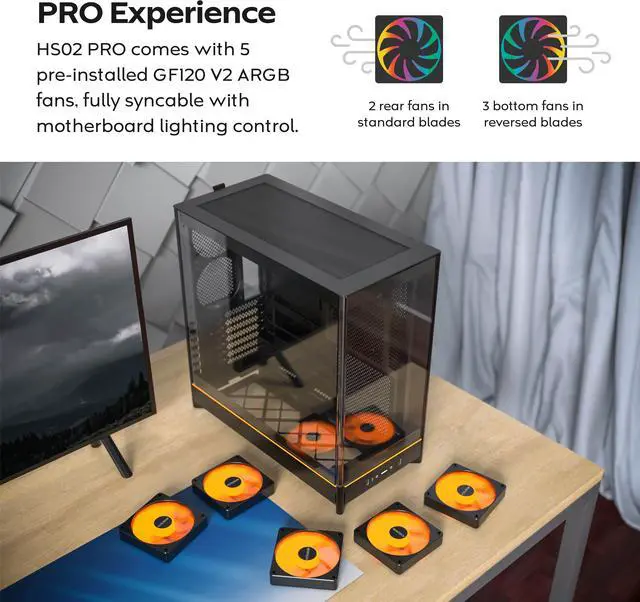 Alt view image 6 of 17 - MONTECH HS02 PRO, ATX Mid-Tower PC Case, Gaming PC, High-Airflow, Reversible Layout, Sturdy Curved Tempered Glass Front Panel, 5x ARGB PWM Fan Pre-Installed, Sink-in Design, Toolless Panels, Black, US