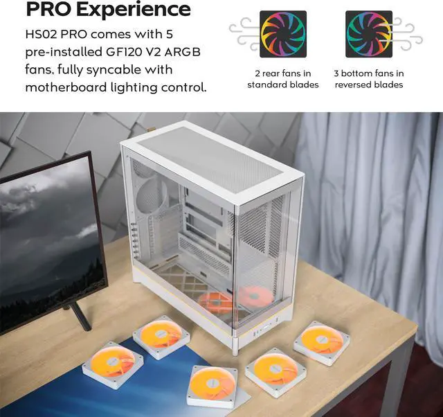 Alt view image 6 of 17 - MONTECH HS02 PRO, ATX Mid-Tower PC Case, Gaming PC, High-Airflow, Reversible Layout, Sturdy Curved Tempered Glass Front Panel, 5x ARGB PWM Fan Pre-Installed, Sink-in Design, Toolless Panels, White, US