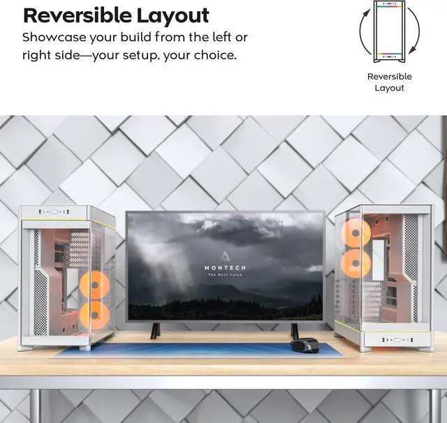 Alt view image 8 of 17 - MONTECH HS02 PRO, ATX Mid-Tower PC Case, Gaming PC, High-Airflow, Reversible Layout, Sturdy Curved Tempered Glass Front Panel, 5x ARGB PWM Fan Pre-Installed, Sink-in Design, Toolless Panels, White, US