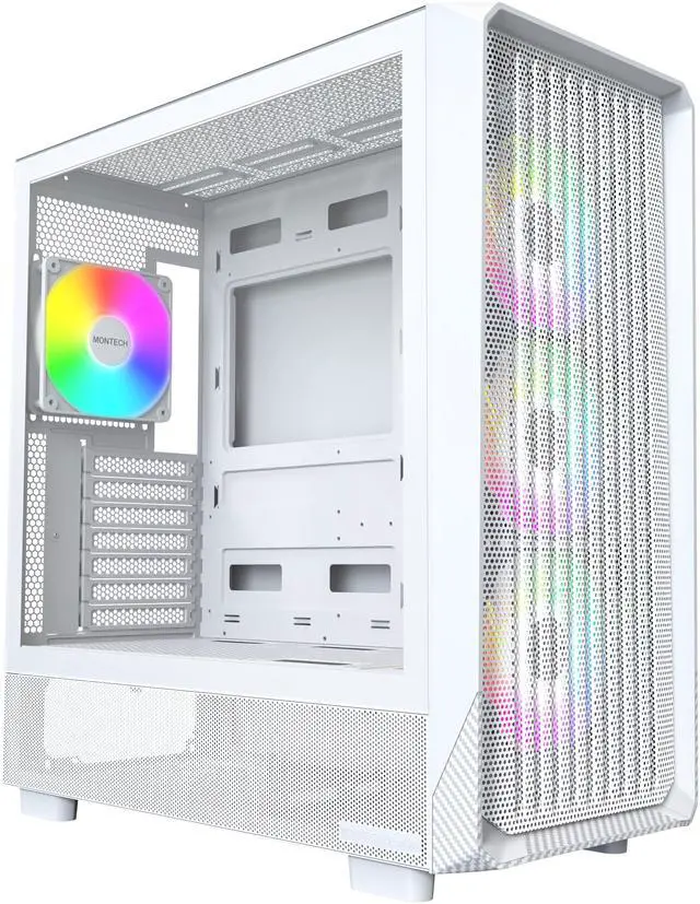 Main image of MONTECH X5- ATX Mid-Tower Gaming PC Case, High Airflow, 3x 140mm and 1x 120mm ARGB Fans Pre-installed, Glass Side Panel, Carbon Print Accents, GPU Holder Included, White