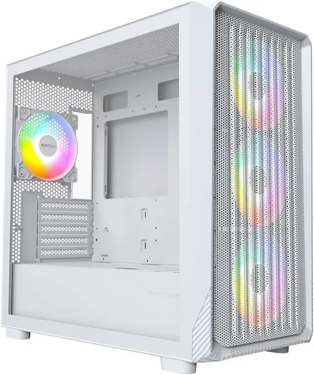 Main image of MONTECH X5M- Micro ATX Gaming PC Case, High Airflow, 4x120mm ARGB Fans Pre-installed, Glass Side Panel, Carbon Fiber Print Accents, White